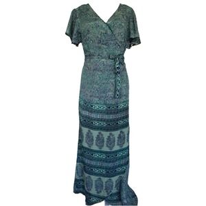 Vtg Boho Wrap Maxi Dress L Resort Festival Hippie Coastal Silk Flutter Sleeve